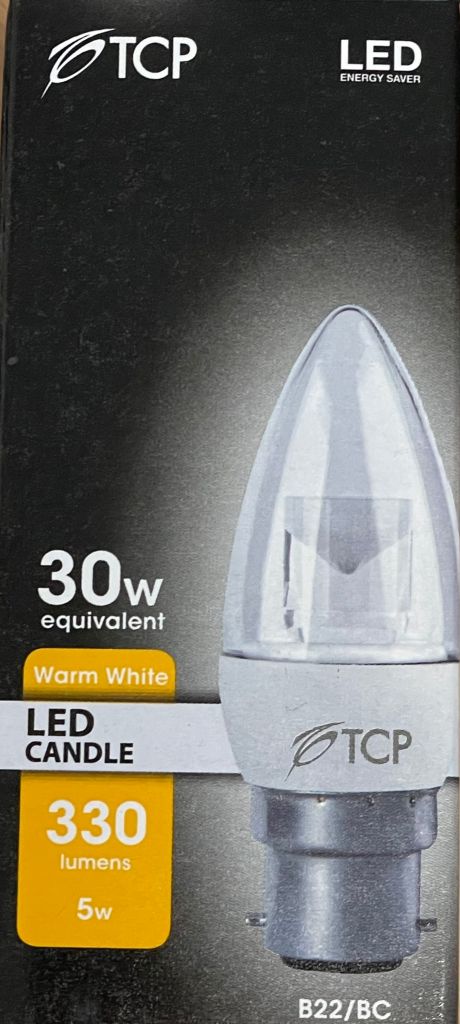 Light Bulb Clear 5w LED Candle Non Dimmable 2700K B22 330lm =30w