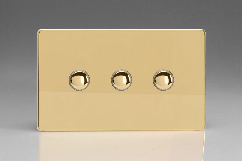 Switch Brass Triple Push 6A 3-Gang 2-Way Screwless Polished Varilight XDVP3S