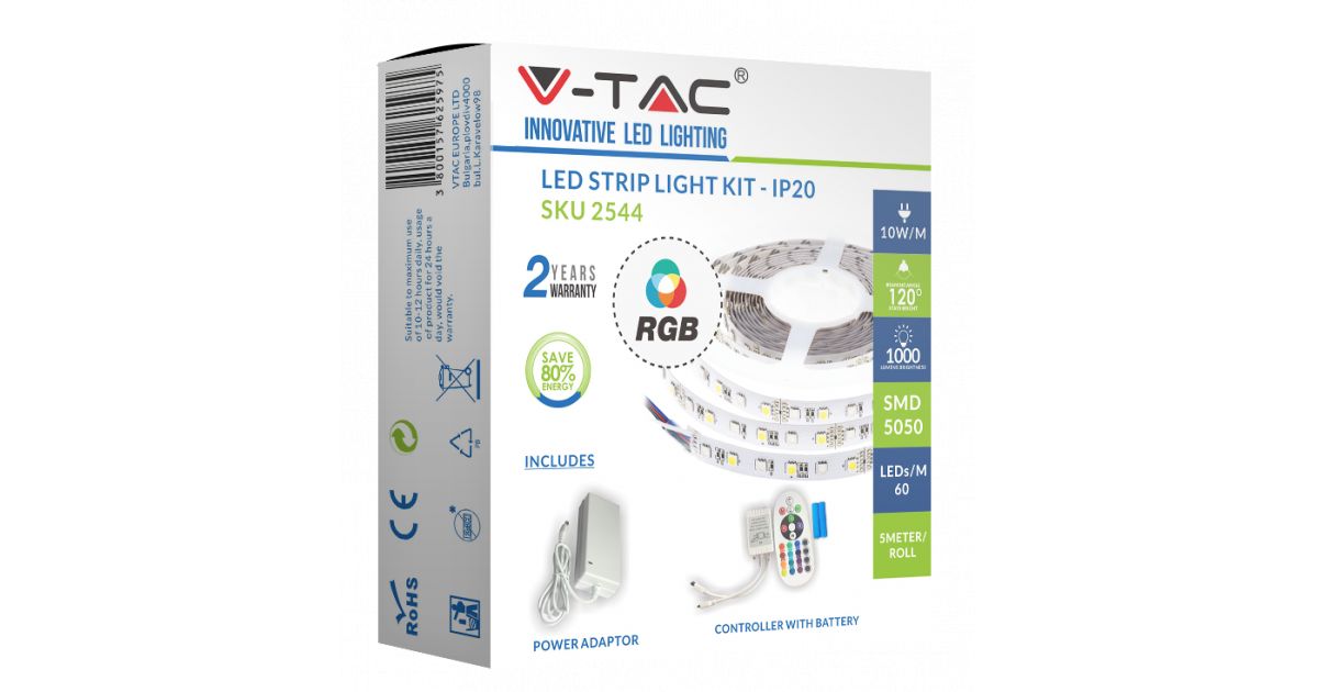 V-TAC 2545 Vt-5050 60 Ip20-ww Lot De Ruban LED Kit (IP20, Blanc Chaud 3000 K, 8 Mm, 5 M Kit