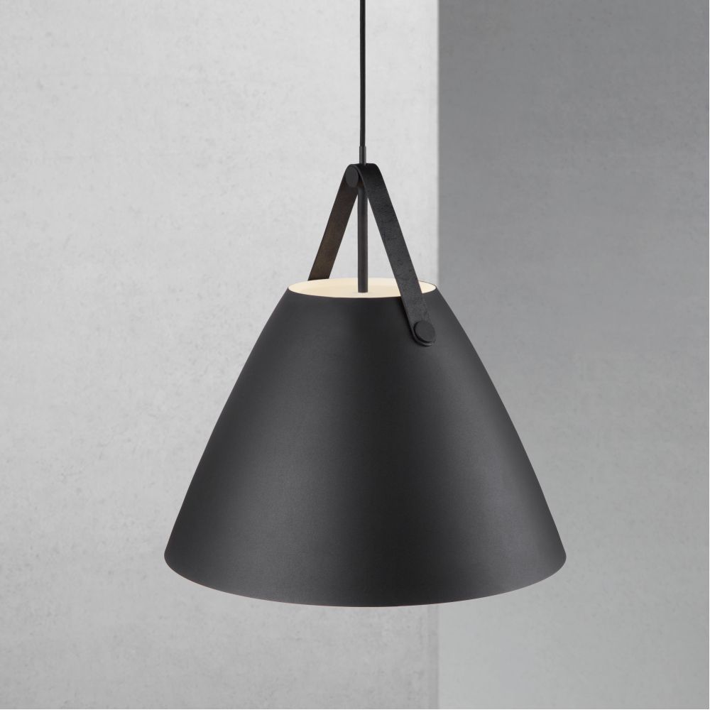 Black Metal Ceiling Pendant With Real Leather Strap 48cm Requires Lamp
